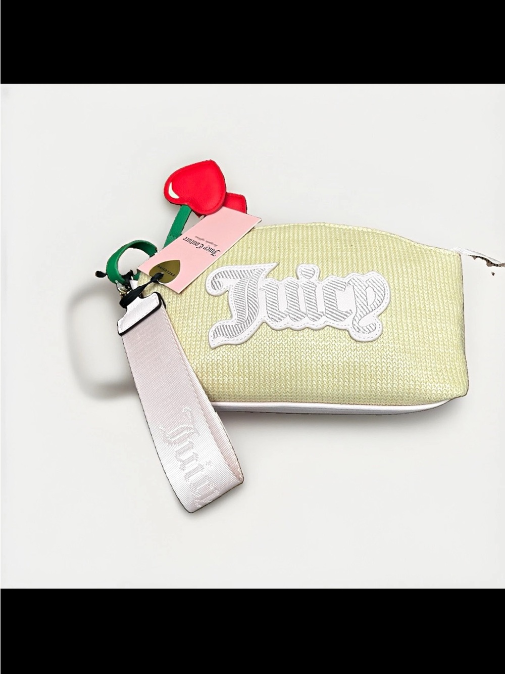 Juicy Couture Yellow Woven Logo Wristlet with Pink Strap and Red Heart Charm